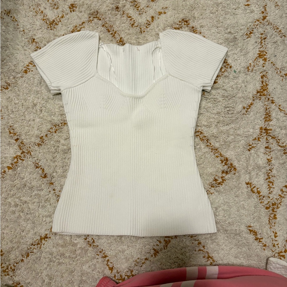 Line and Dot White Ribbed Women's Top